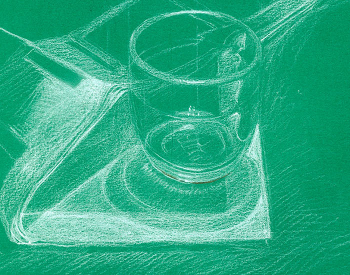 Verre et journal / crayon blanc sur papier vert / 350 €